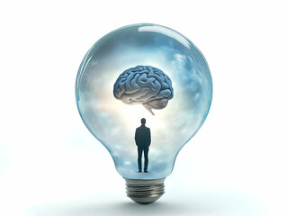 Poster - A silhouette of a man stands inside a light bulb, with a brain hovering above him, symbolizing ideas, innovation, and the power of the mind.