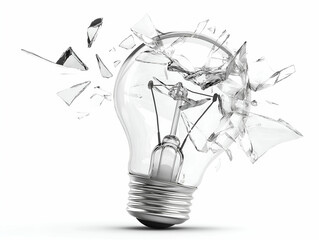 A shattered light bulb with glass fragments, symbolizing broken ideas or innovation disruption.