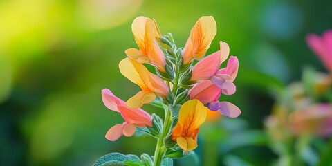 Close up of a sage dolphin flower showcasing its vibrant colors against a lush green summer background, highlighting the unique beauty of the sage dolphin flower in full bloom.