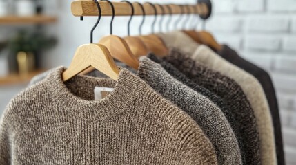 Fototapete - Several stylish men's sweaters in mocha mousse color are elegantly displayed on wooden hangers. The chic environment features clean lines and a modern backdrop, inviting a cozy feel