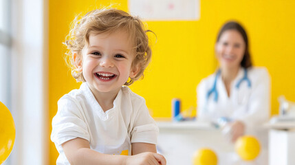 Happy child playing in bright pediatric office with smiling doctor