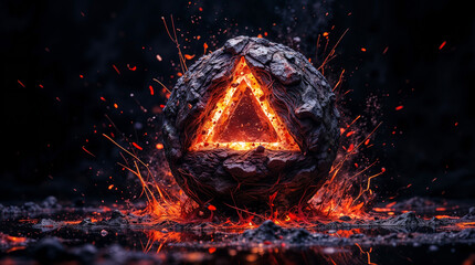 Poster - a split meteorite with triangle and liquid lava inside . Generative AI