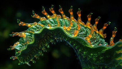 Poster - Close-up of Vibrant Green Organic Structure with Bright Orange Tips, Capturing Intricate Textures and Unique Shapes in an Abstract Natural Environment