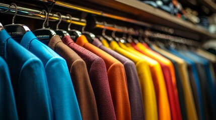 Poster - A boutique display highlights an array of clothing in trendy mocha shades, showcasing stylish jackets and tops hanging prominently. The warm colors create an inviting and fashionable atmosphere