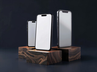 Poster - mockup of three mobile phones on stands on dark background . Generative AI