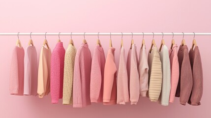 Poster - A vibrant display features a row of stylish sweaters in mocha and pink tones hanging against a soft pink backdrop, showcasing trendy colors perfect for any season