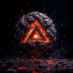 Poster - a split meteorite with triangle and liquid lava inside . Generative AI