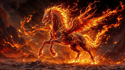 Poster - hellish stallion blazing with fire on a dark background . Generative AI