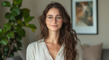 Poster - A woman with long, wavy hair and glasses stands confidently in a cozy space adorned with Pantone Mocha Mousse hues. Soft furnishings and greenery enhance the inviting atmosphere