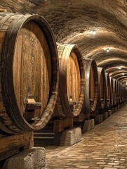Fototapete - A rustic wine cellar featuring large wooden barrels neatly arranged in a dimly lit, arched space, evoking a sense of tradition and craftsmanship.