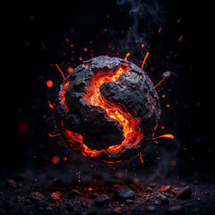 Poster - a split meteorite with liquid lava inside . Generative AI
