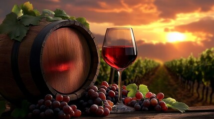 Poster - A picturesque scene featuring a wine barrel, a glass of red wine, and grapes against a sunset backdrop in a vineyard.