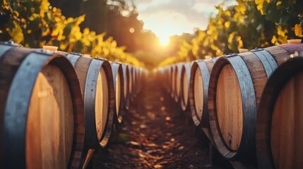 Poster - A picturesque vineyard scene at sunset, featuring wooden barrels lined along a pathway, surrounded by lush grapevines.