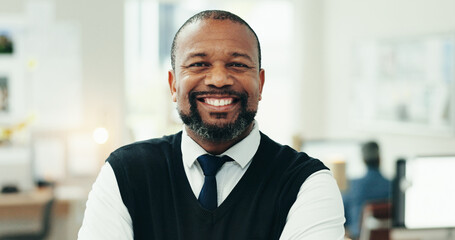 Poster - Happy, office and portrait of business black man with confidence, ambition and company pride. Startup agency, professional and person smile for architecture, real estate design and creative career
