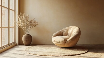Poster - A freshly designed room showcases a stylish mocha color palette featuring a soft chair and a beautiful vase of dried flowers. The natural light enhances the calming ambiance