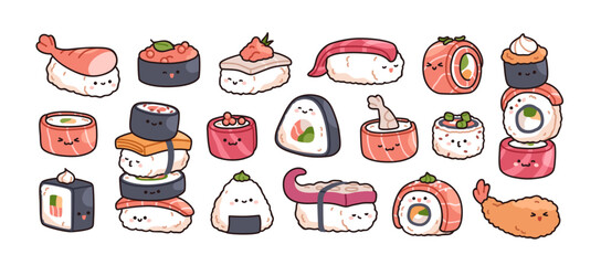 Poster - Sushi characters set. Kawaii cute Japanese food with happy funny faces, emotions, smiles. Adorable Asian cuisine. Comic Japan rolls. Kids flat vector illustration isolated on white background