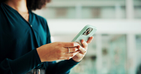 Poster - Phone, internet and hands of business woman in office for account manager, financial advisor and stock market news. Communication, app and search with closeup of person in corporate firm for update