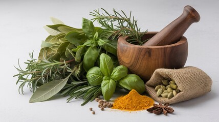 Fresh herbs, Turmeric powder, longa, basil leaves with wooden grinding tools white background. 