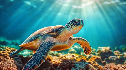 Poster - A captivating turtle swims effortlessly among a stunning coral reef, illuminated by sunlight filtering through crystal-clear waters