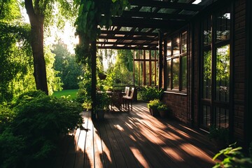 Poster - A serene outdoor space with wooden decking, potted plants, and minimalistic furniture