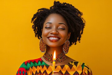 Wall Mural - Young African American woman with burning candle on yellow background. Kwanzaa 