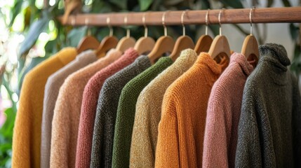 Poster - A charming display of knit sweaters in trendy mocha-inspired shades hangs gracefully on wooden hangers