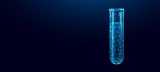 Test tube, glowing blue lowpoly wireframe glass flask on a dark background. Vector illustration design concept for medical industry and сhemical laboratory.