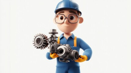 Poster - A cartoon character in work attire holding mechanical parts, symbolizing engineering and industry.