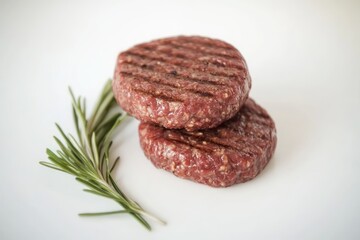 Poster - Two raw hamburger patties with grill marks alongside fresh rosemary.