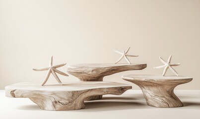 Poster - A serene display of wooden platforms with starfish, evoking a coastal aesthetic.