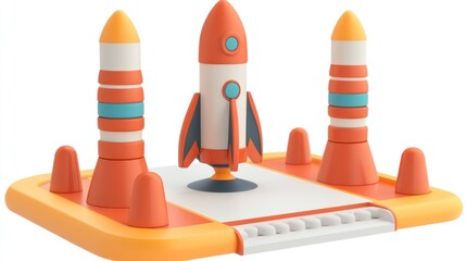 Poster - A colorful rocket model surrounded by launch pads, ideal for educational play and creativity.
