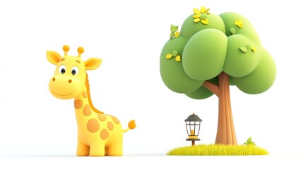 Poster - A cheerful cartoon giraffe stands beside a stylized tree and a lantern in a bright setting.