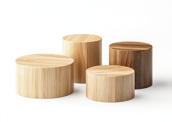 Leinwandbilder - Four wooden cylindrical blocks of varying sizes and shades arranged aesthetically.