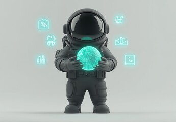Poster - A cartoon astronaut holds a glowing planet, surrounded by digital icons representing technology.