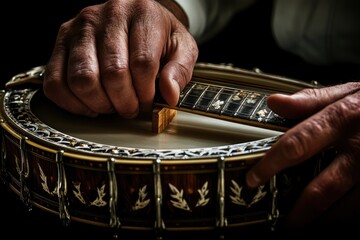Aufkleber - Close-up of hands playing a banjo, showcasing craftsmanship and musical expression.