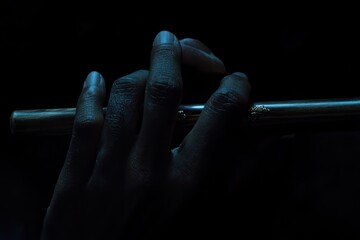 Poster - A hand delicately holds a wooden flute against a dark backdrop.