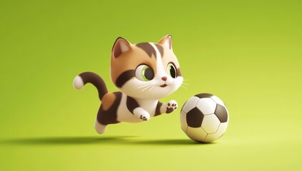 Poster - A cute cartoon kitten playfully chasing a soccer ball on a vibrant green background.