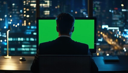 Aufkleber - A man in a suit sits at a desk, facing a green screen and city lights at night.