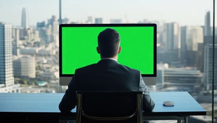 Poster - A businessman sits at a desk facing a green screen computer in a high-rise office.