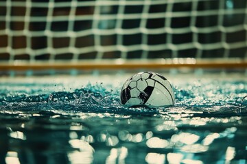 Aufkleber - A soccer ball floats on water near a goal net, showcasing a unique sports setting.