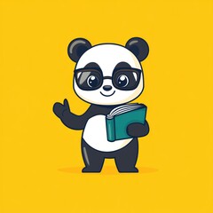 Poster - A cute panda character wearing glasses, holding a book and waving.
