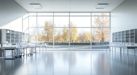 Aufkleber - A modern laboratory space with large windows showcasing autumn trees outside.