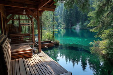 Aufkleber - A rustic wooden sauna overlooking a tranquil lake, surrounded by forest.