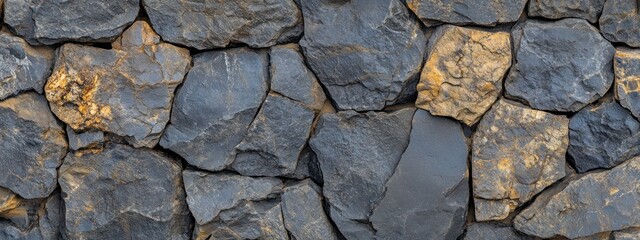 Poster - A textured wall made of dark stones with golden highlights, showcasing natural materials.