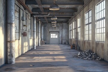 Poster - An empty industrial space with large windows, concrete walls, and scattered debris.