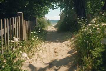 Poster - A Nordic beach with soft sand dunes, wooden fences, and scattered beach grass.