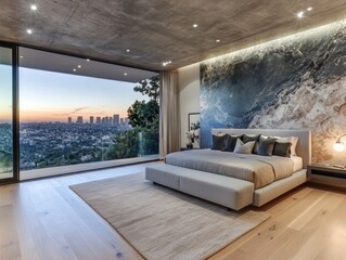 Poster - Modern bedroom with a stunning city view at sunset, featuring elegant decor and natural light.