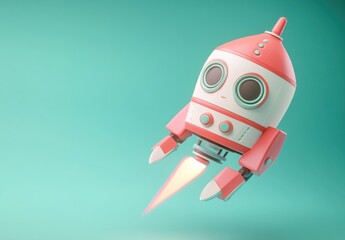 Poster - A cute, cartoonish rocket with a smiling face, soaring against a teal background.