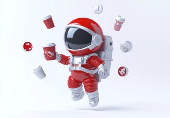 Poster - A playful astronaut character floating with coffee cups and playful icons in a whimsical design.