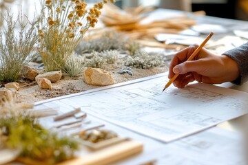 Poster - A hand sketches architectural plans surrounded by natural materials and plants.